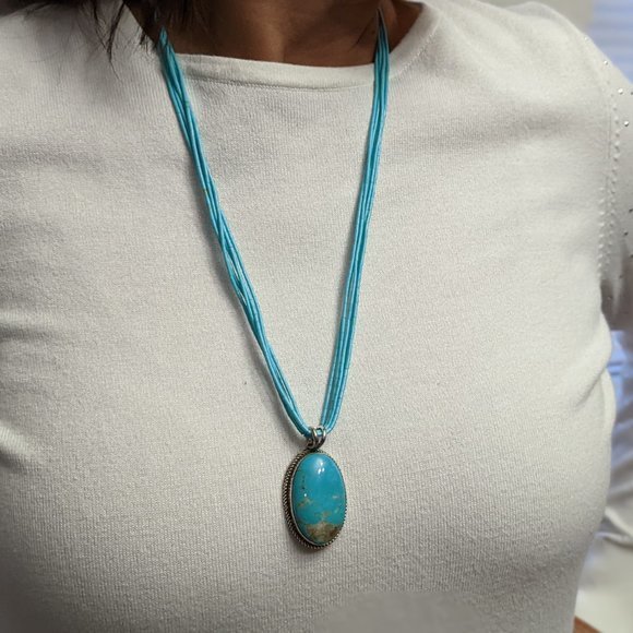 Navajo Mountain Pendant & Kingman Turquoise 5 Strands Necklace Heishi Jewelry*** - Picture 4 of 11